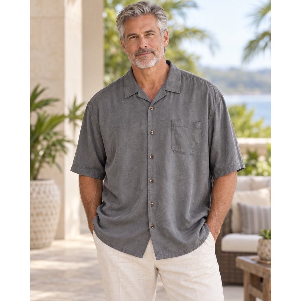 Tommy Bahama Men's 3XL Gray Silk Tonal Tropical Jacquard Camp Shirt